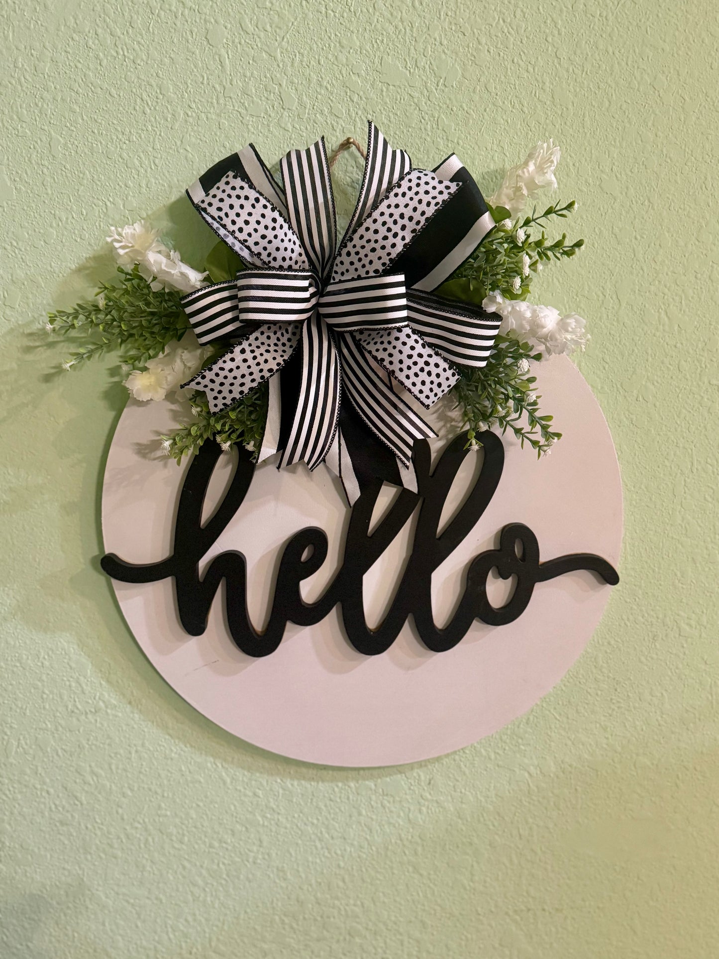 Handmade Hello Door Sign – Front Porch Decor with Bow and Faux Greenery
